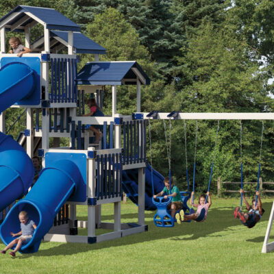 Playset for Older & Younger Kids 5 Levels, 4 Swings, 4 Slides, Rock Wall - Jolly Jamboree J88-1
